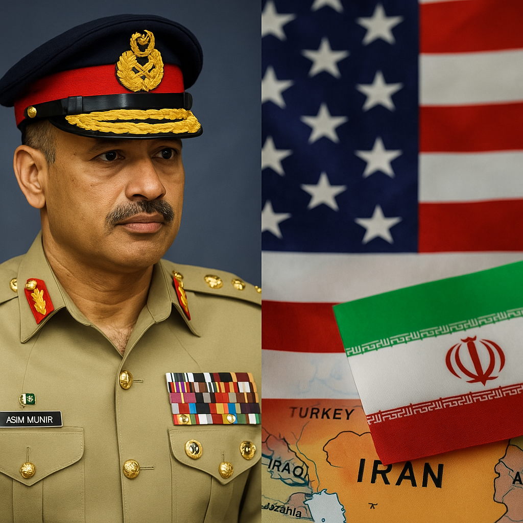 Pakistan’s Army Chief General Asim Munir alongside the US and Iranian flags with a regional map, symbolizing geopolitical tensions and strategic diplomacy."