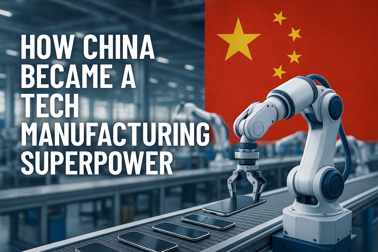"Robotic arm assembling smartphones in a modern Chinese factory with Chinese flag in background, representing China's dominance in tech manufacturing."